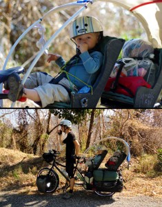 Région Michoacan. Près de 100 km après notre départ de Playa Nexpa, nous faisons la rencontre d'un couple de canadiens voyageant à vélo pour 12 mois avec leurs deux enfants âgés de 2 et 4 ans. Nous sommes impressionnés par l'aventure que cela représente, avec les nombreux risques et contraintes, mais à la fois très heureux pour cette expérience qu'ils vivent en plus de la partager en famille !