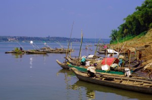 Toujours sur les rives du Mékong, les pirogues, motorisées ou non, parties à la pêche tôt le matin, reviennent chargées de poissons. Elles servent également de logement pour de nombreux pécheurs cambodgiens.