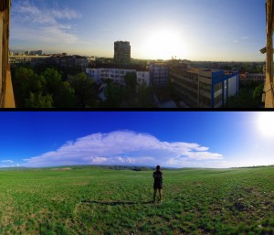 À une centaine de kilomètres d'écart ! Vue du dessus, nous voyons le centre d'Almaty où le béton est roi, parcouru par de grosses voitures luxueuses et animé par l'excitation d'un pays libre depuis une vingtaine années. En dessous, l'air frais véhiculé par le vent de la steppe, de grands espaces à la vue dégagée et cette sensation de liberté... Un contraste qui définit bien notre quotidien dans ce long voyage.