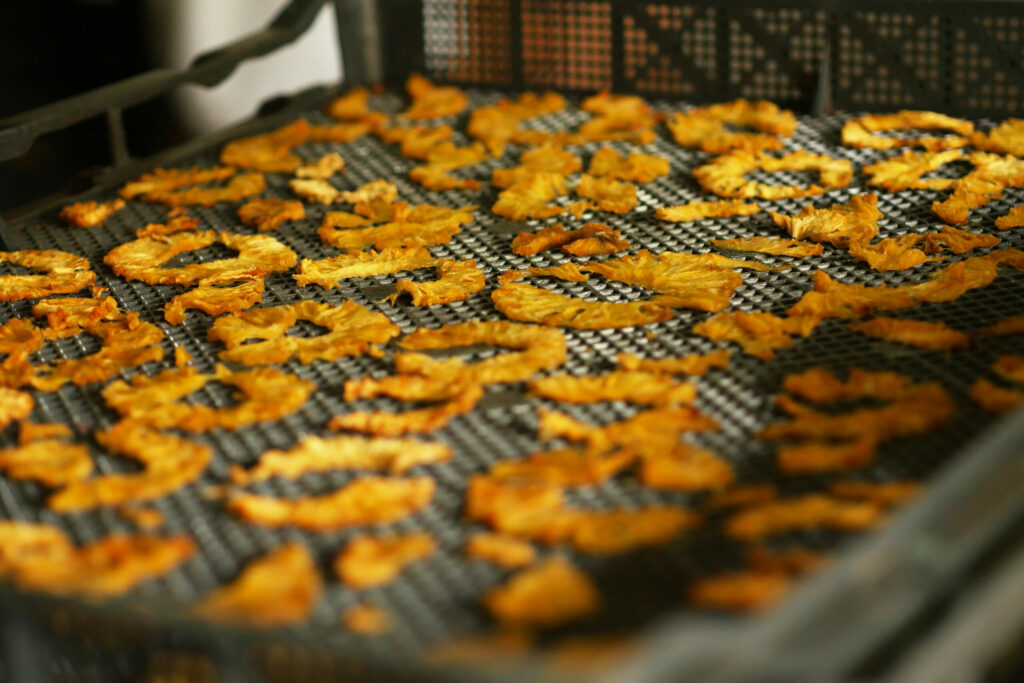 Les tranches d'ananas étalés sur une grille pour le séchage au feu de bois